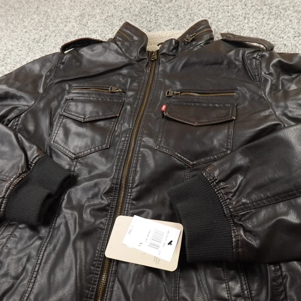 NEW Levis Jacket Mens XL Brown Sherpa Lined Faux Leather Trucker Bomber Coat Zip